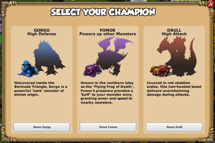Original in-game champion selection screen showing Gorgo, Fomor and Drull with their defense, support and attack roles